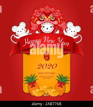 2020 Happy Chinese new year of cartoon cute rat in dragon lion dance costume and golden ingot. Chinese Translation : New year. Stock Vector