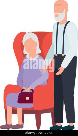 grandfather and grandmother seated in sofa avatars characters Stock Vector