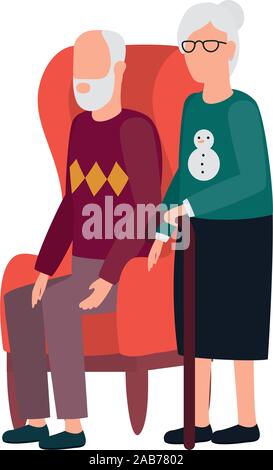 grandmother and grandfather seated in sofa avatars characters Stock Vector