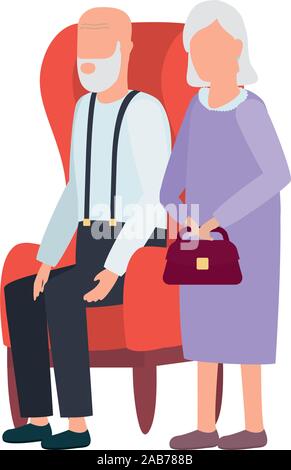 grandmother and grandfather seated in sofa avatars characters Stock Vector