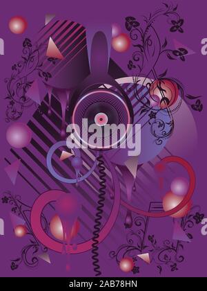 Colorful stylized music poster design with abstract headphones and geometric elements. Stock Vector