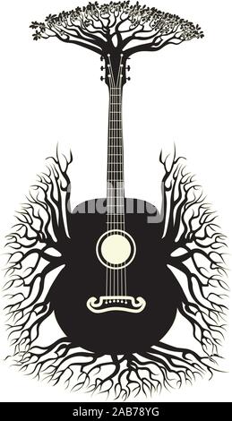 Vintage guitar silhouette with tree branches illustration. Stock Vector