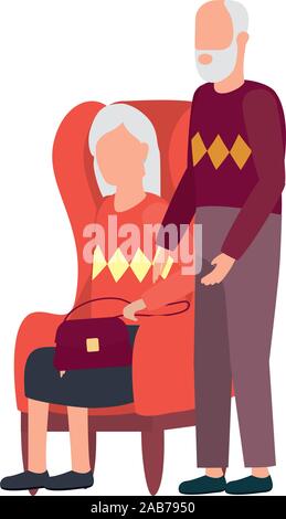 grandfather and grandmother seated in sofa avatars characters Stock Vector