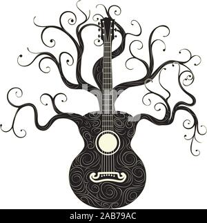 Vintage guitar silhouette with tree branches illustration. Stock Vector