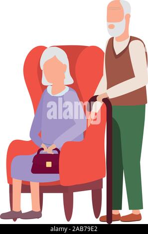 grandfather and grandmother seated in sofa avatars characters Stock Vector