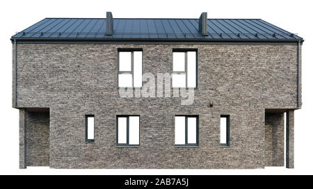 Facade of an unfinished two-story house with no red brick windows