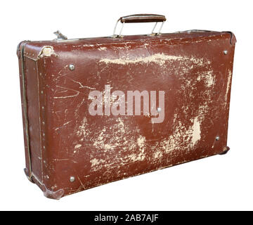 Old shabby aged retro brown fiber suitcase. Isolated on white vintage object Stock Photo