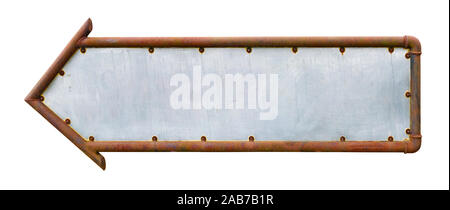 Road sign arrow made of rusty pipes and galvanized iron. Isolated on white outdoor object Stock Photo