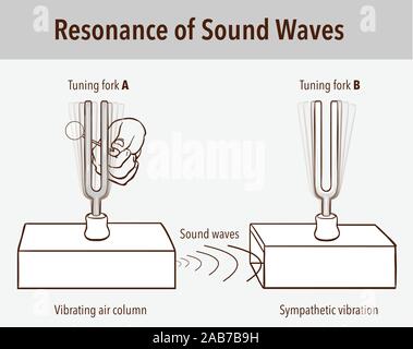 Tuning Fork resonance experiment. When one tuning fork is struck, the other tuning fork of the same frequency will also vibrate in resonance Stock Vector