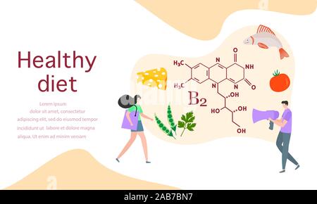 Vector illustration with people, healthy foods rich in vitamins. Healthy lifestyle, proper nutrition,  diet concept. Vitamin B2 sources. Design for ap Stock Vector