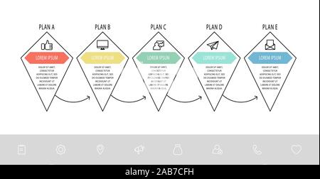 Vector infographic template with line rhombus. Business data visualization with 5 marketing icons. Five steps for content, process, timeline, web Stock Vector