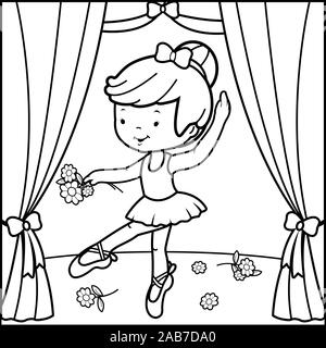 Little ballerina girl dancing on stage. Black and white coloring page. Stock Photo