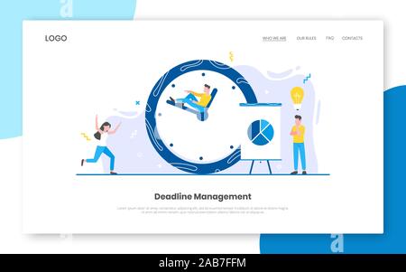 Business time management internet landing page concept template with tiny people characters working together. Teamwork and time management concept fla Stock Vector