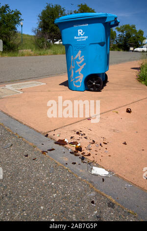 Broken glass bottle scattered on the pavement just feet away from a garbage bin at a public park in Santa Rosa, California. Stock Photo