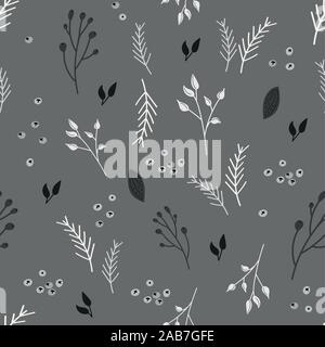Floral seamless pattern. Twigs, leaves and berries of rowan on a gray background. Autumn and winter illustration. Vector doodle for fabric, wrapping. Stock Vector