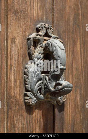Iron animalistic door handle on the ancient wooden door Stock Photo