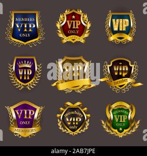 Set of gold vip monograms for graphic design on gray background. Stock Vector