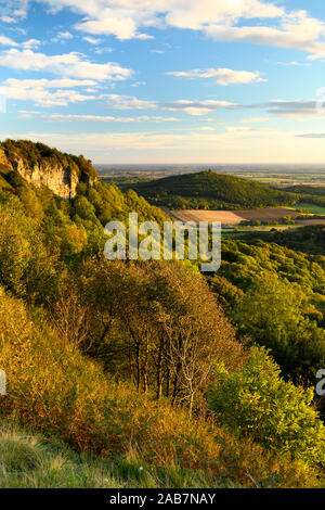 Beautiful scenic long-distance view (Whitestone Cliff, Hood Hill, sunlit countryside & evening blue sky) - Sutton Bank, North Yorkshire, England, UK Stock Photo