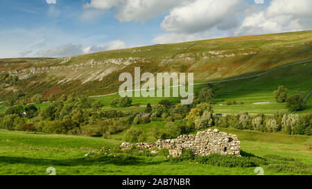 Isolated ruins of old sunlit field barn wall in scenic hillside valley, farmland & upland hills - Arncliffe, Littondale, Yorkshire Dales, England, UK