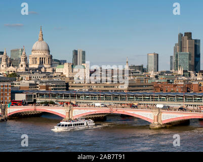 View of the City of London with Blackfriars Bridge over the River Thames and St. Paul's Cathedral, London, England, United Kingdom, Europe Stock Photo