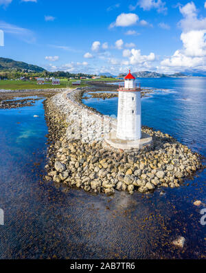 Front view of Hogsteinen Lighthouse, aerial view by drone, Godoya Island, Alesund, More og Romsdal County, Norway, Scandinavia, Europe Stock Photo