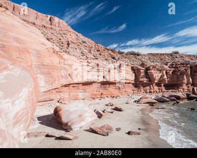 Red sandstone cliffs at Puerto Gato, Baja California Sur, Mexico, North America Stock Photo