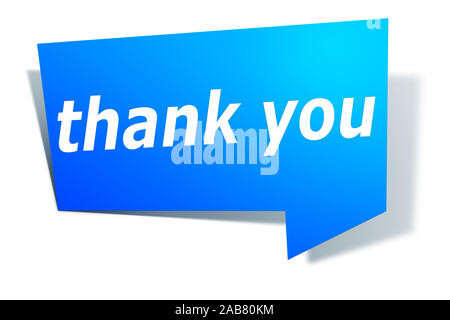 Ein blaues Etikett vor weissem Hintergrund mit der Aufschrift: 'thank you'