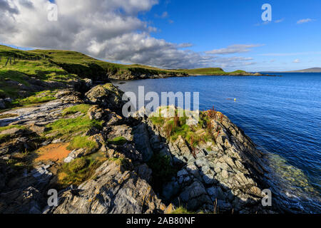 View towards Bressay on a beautiful day, Bay of Ocraquoy, Fladdabister, South Mainland, Shetland Isles, Scotland, United Kingdom, Europe Stock Photo