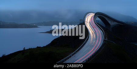Car lights trails on Storseisundet Bridge along the Atlantic Road, More og Romsdal county, Norway, Scandinavia, Europe Stock Photo