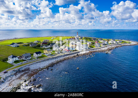 Aerial view by drone of the coastal village of Alnes, Godoya Island, Alesund, More og Romsdal County, Norway, Scandinavia, Europe Stock Photo