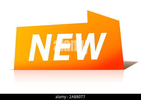 Ein oranges Etikett vor weissem Hintergrund mit der Aufschrift: 'NEW'