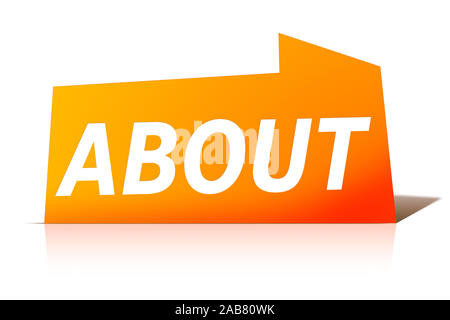 Ein oranges Etikett vor weissem Hintergrund mit der Aufschrift: 'ABOUT'