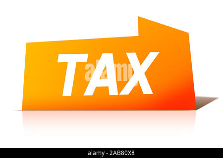 Ein oranges Etikett vor weissem Hintergrund mit der Aufschrift: 'TAX'
