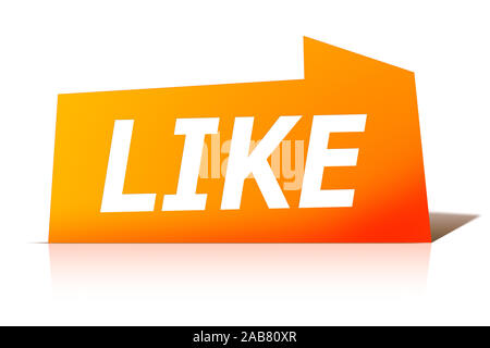 Ein oranges Etikett vor weissem Hintergrund mit der Aufschrift: 'LIKE'