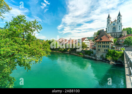 Neo-Gothic church on hilltop along Aare River, Aarburg, Canton of Aargau, Switzerland, Europe Stock Photo