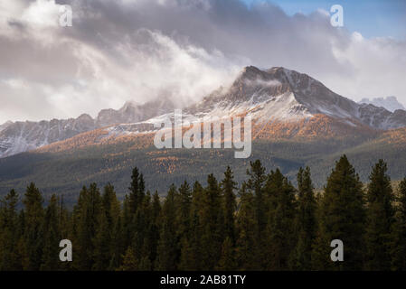 Mountain range at Morant's Curve in autumn foliage, Banff National Park, UNESCO World Heritage Site, Alberta, Rocky Mountains, Canada, North America Stock Photo
