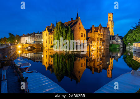 The beautiful buildings of Bruges reflected in the still waters of the canal, UNESCO World Heritage Site, Bruges, Belgium, Europe Stock Photo