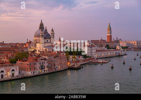 View of Venice skyline from cruise ship at dusk, Venice, UNESCO World Heritage Site, Veneto, Italy, Europe Stock Photo