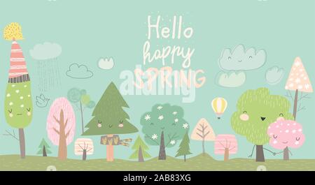 Cute spring trees. Cartoon spring trees on blue background Stock Vector