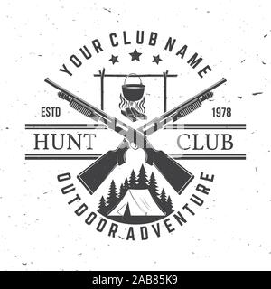 Hunting club. Vector. Concept for shirt, label, print, stamp or tee. Vintage typography design with hunting gun, pot on the fire, camping tent and forest silhouette. Outdoor adventure hunt club emblem Stock Vector