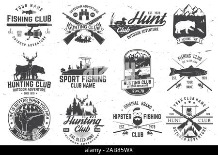 Set of hunting and fishing club badges. Vector illustration Concept for  shirt, print, stamp, tee. Vintage typography design with hunting guns and fishing  rods silhouette. Outdoor adventure club emblem Stock Vector Image