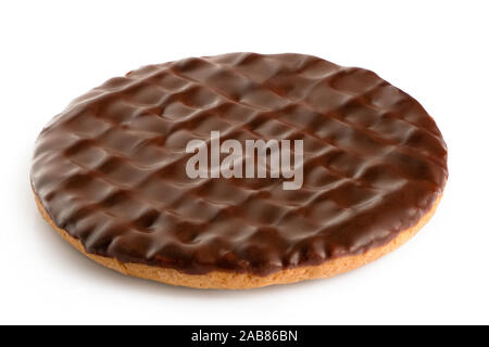 Dark chocolate coated digestive biscuit isolated on white. Stock Photo
