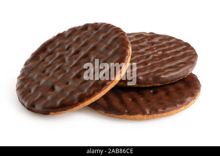 Three dark chocolate coated digestive biscuits isolated on white. Stock Photo