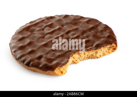 Dark chocolate coated digestive biscuit isolated on white. Partially eaten. Stock Photo