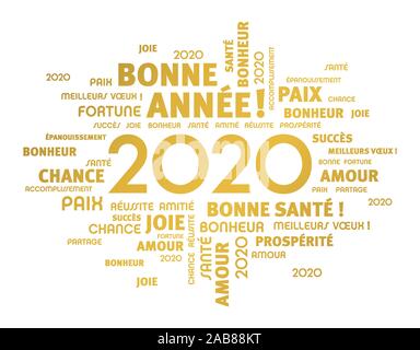 Greeting words around New Year date 2020, colored in gold, in French language, isolated on white. Word cloud wishes. Stock Vector