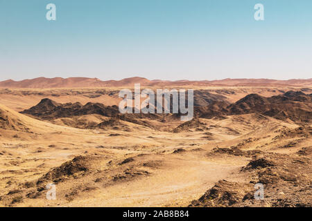 Kuiseb Canyon with red dunes in the background, moonscape, Namib desert, Namibia, Africa Stock Photo