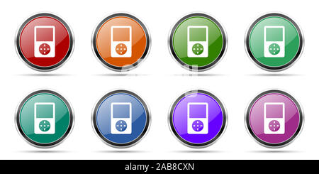 Music player icons, set of round glossy web buttons with silver metallic chrome borders isolated on white background in 8 options Stock Photo
