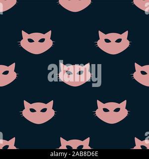 Seamless Pattern of pink cat heads on dark background. Vector illustration. Animal silhouette. Wallpaper and fabric design and decor. Stock Vector