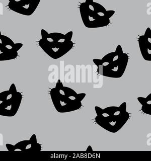 Seamless Pattern of black cat heads on grey background. Vector illustration. Animal silhouette. Wallpaper and fabric design and decor. Stock Vector