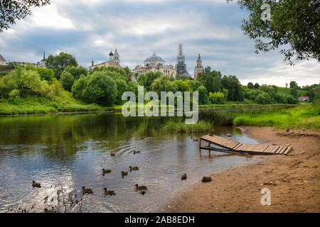 View of the Borisoglebsky Monastery from the banks of the Tvertsa River in town Torzhok. Tver region. Russia Stock Photo